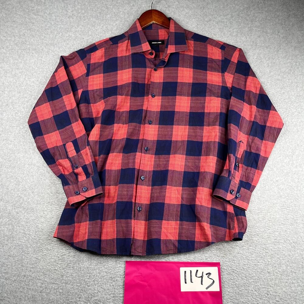 Jared Lang Shirt Large Navy Pink Check Casual Button Up Long Sleeve Mens